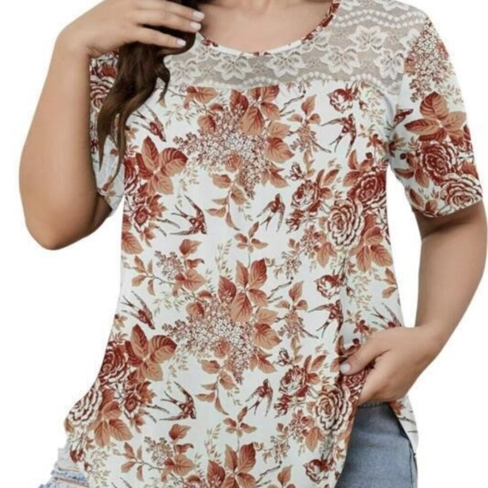 Women's Summer Floral Lace Neck Top